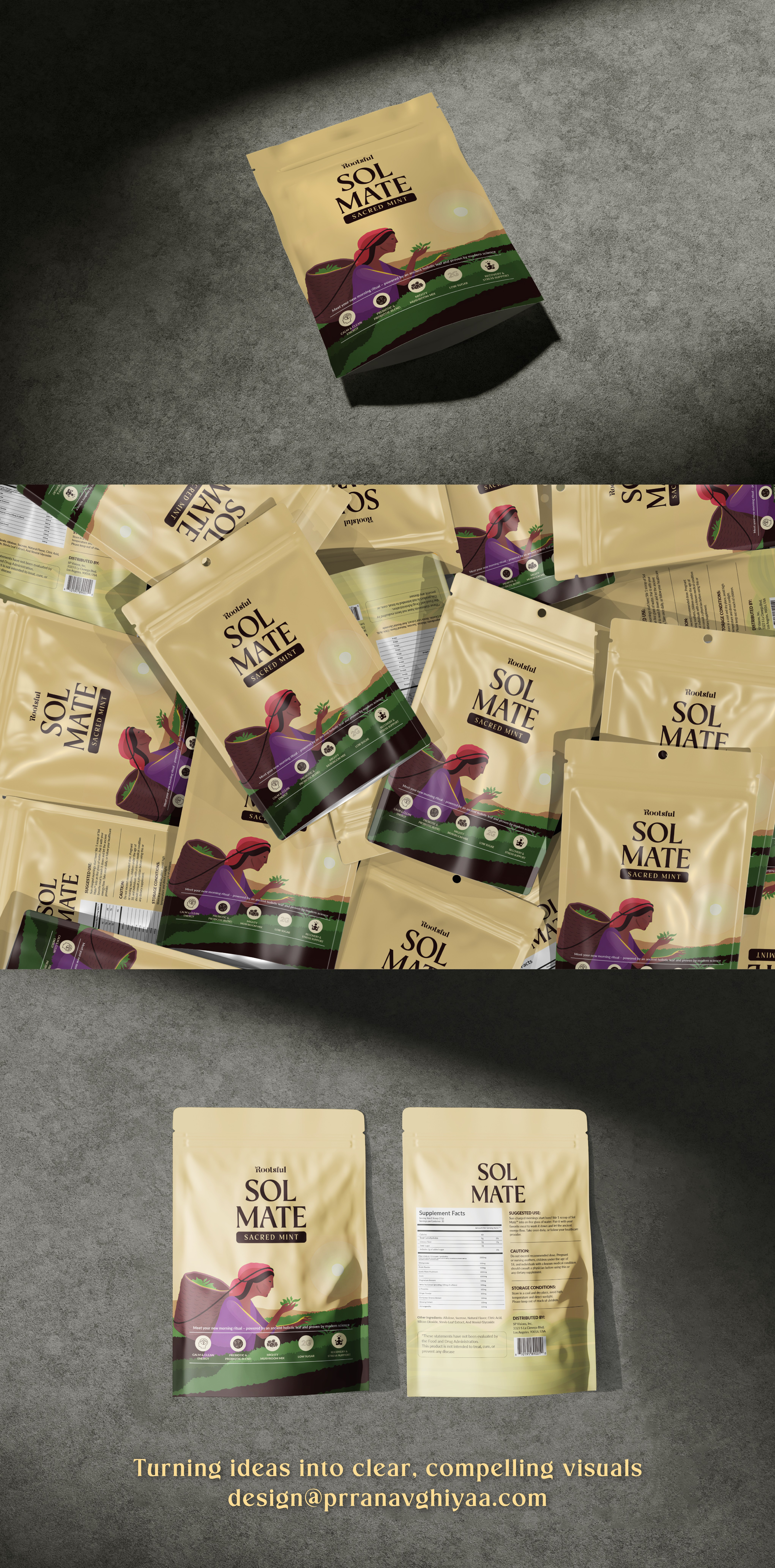 Rootsful Sol-Mate | Packaging Design 3d adobe ai branding clean concept design graphic design illustration logo minimal mockup mockups packaging packaging design supplements tea tea branding typography vector