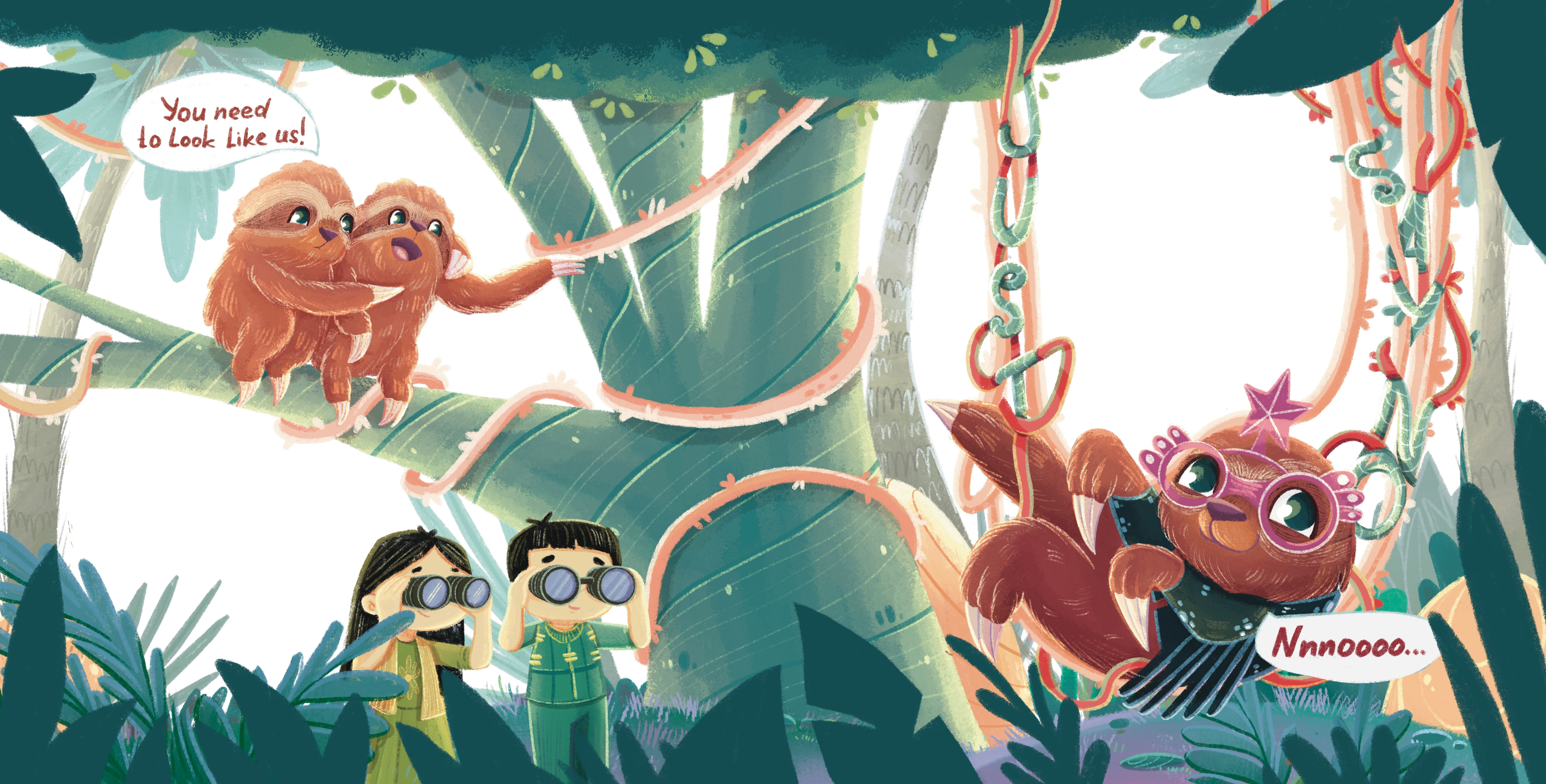 Children’s Book Illustration spread with animal & kid characters character design children illustration childrens book illustration hand drawn feel illustration jungle kid art picture book rainforest raster illustration sloth whimsical