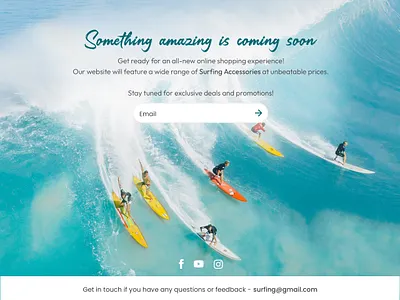 Coming soon blue water board branding clean clear coming soon dailyui design ecommerce elegant email shopping simple social media sport stay tune surfing ui ux website