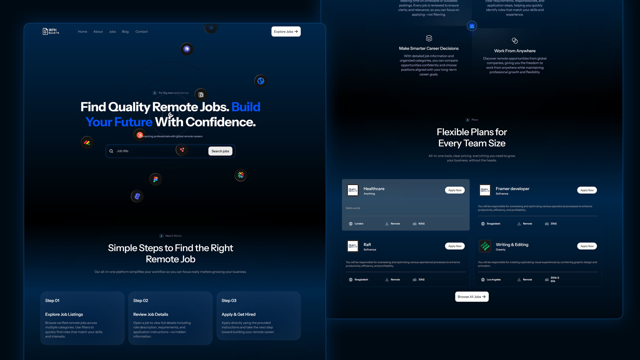 Remote Job Board — Landing Page UI app advertisement darkmode dashboard delcoit design figma remotework saas ui ux webdesign