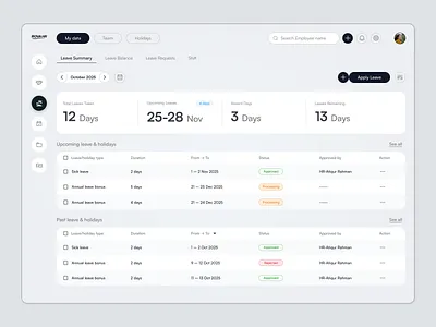 ROVA HR Dashboard – Employee Leave Management UI admin panel ui branding clean dashboard design dashboard dashboard ux design employee dashboard employee portal ui hr dashboard hr software ui leave management system minimal mobile modern dashboard ui product design saas dashboard design ui ui design ui design inspiration workforce management system