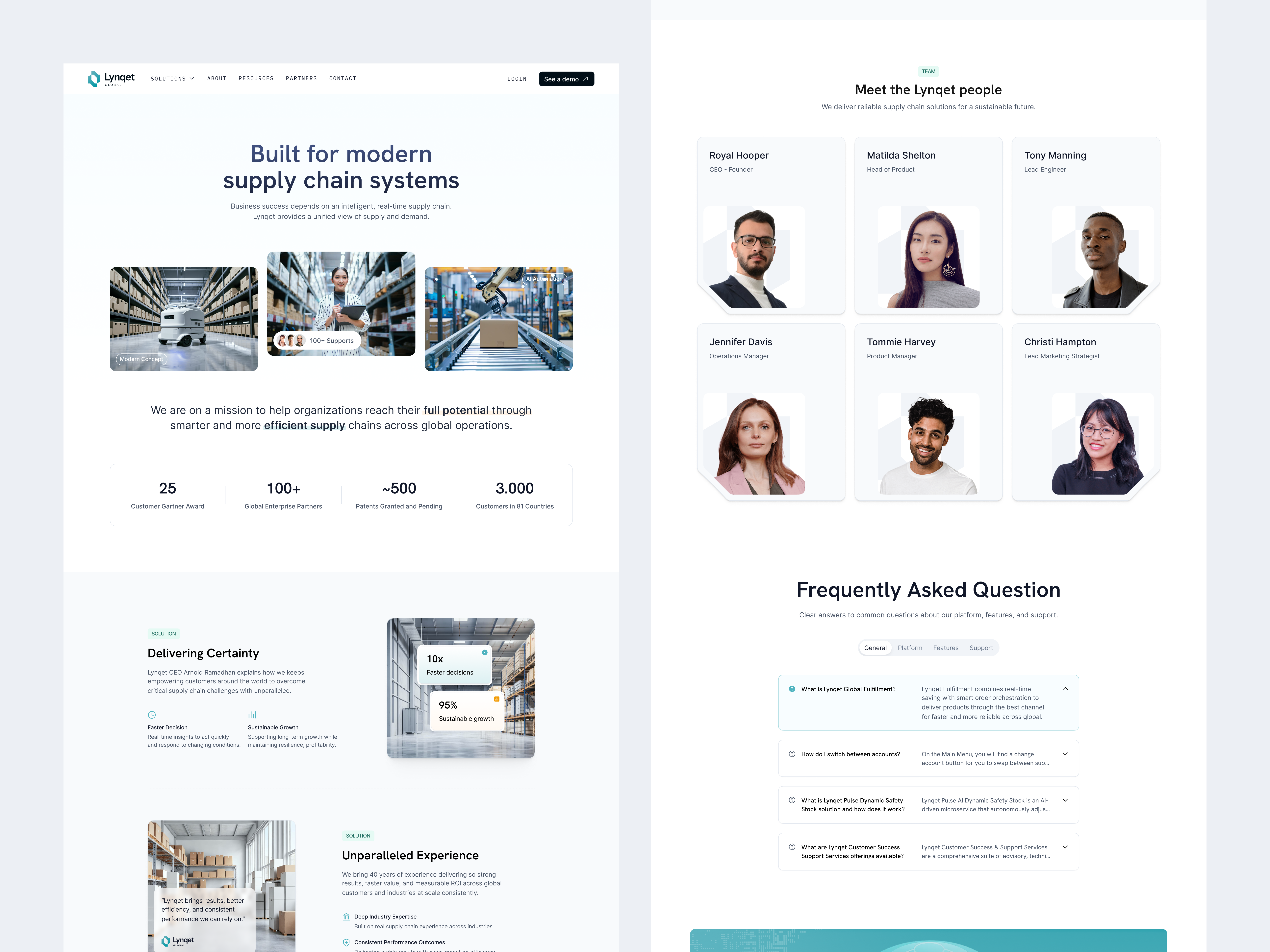 Lynqet - Supply Chain Website About Us Page about us page ai ai native field service ai project management artificial intelligence b2b clean elegant landing page logistic minimalist modern professional saas startup supply chain supply chain management ui design web design website