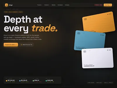 Onyx - Crypto Finance Platform, Hardware Wallet & Mobile Trading brand system crypto app crypto wallet dark ui digital product design fintech design fintech website graphic design hardware wallet landing page design mobile trading app mobile ui portfolio app product design trading platform web3 design