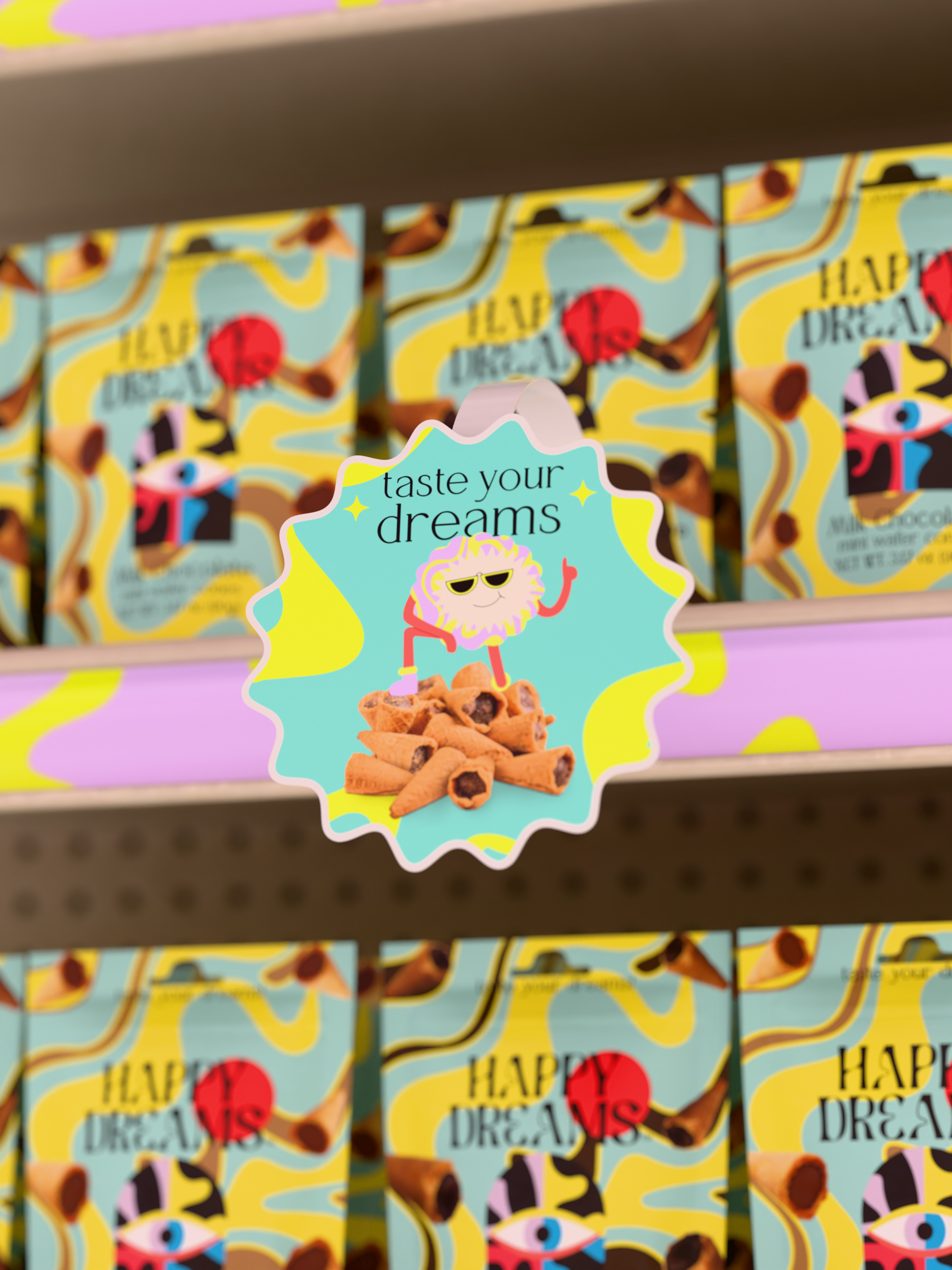 Happy Dreams Brand Evolution a content amazon branding chocolate commercial design ebc graphic design illustration mascot packaging retail shelf shelf talker vector wafer wobbler