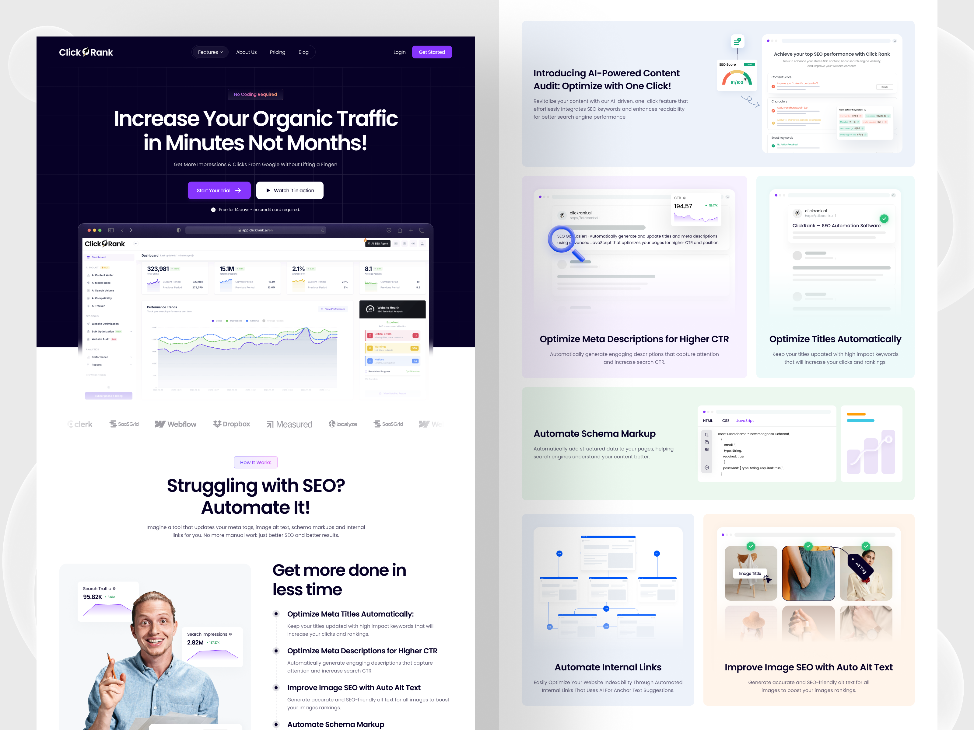 Clickrank Website Redesign interface live project product redesign service startup ui ux web