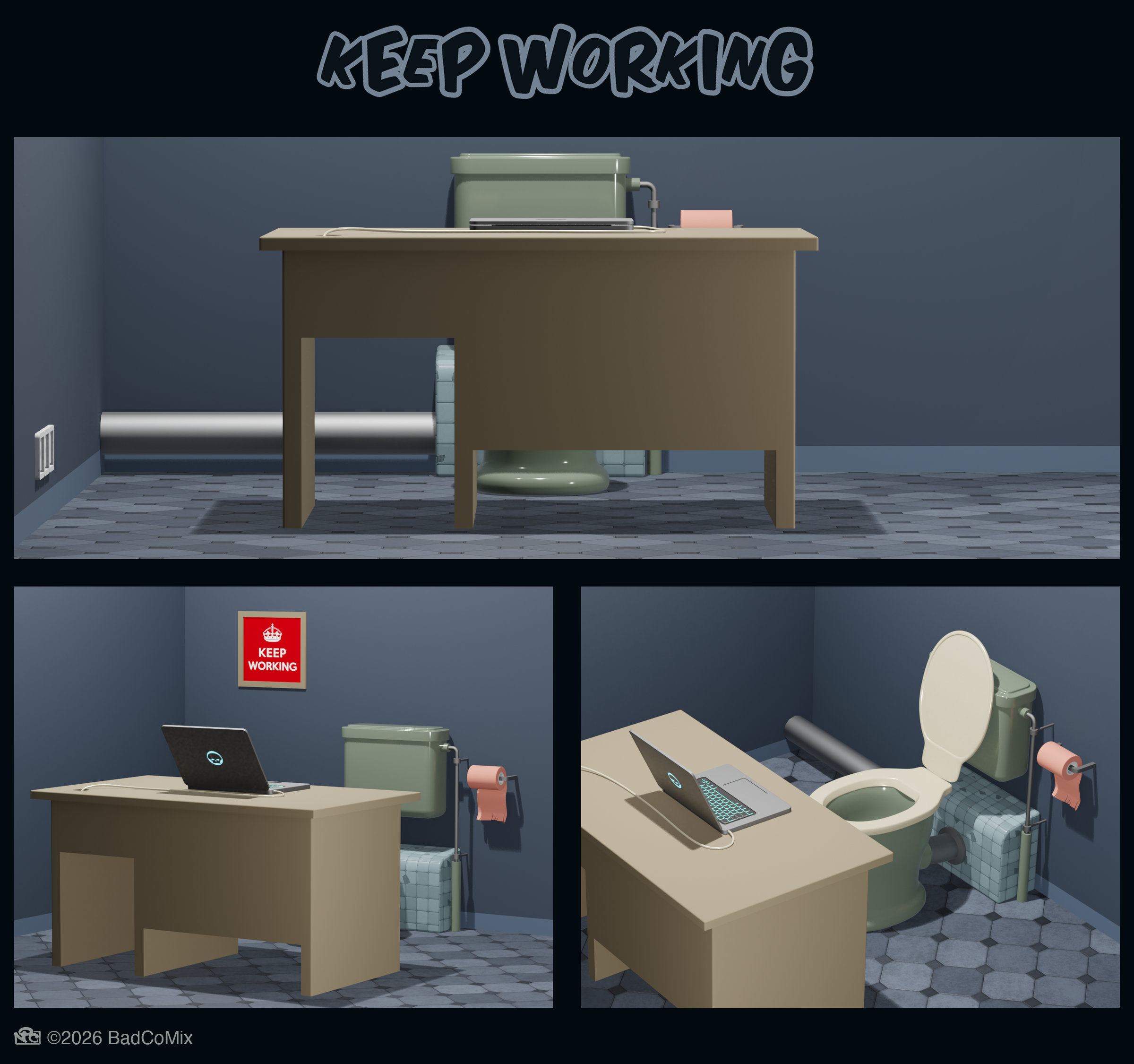 Keep Working 3d 3dcomic b3d blender3d comicstrip office office desk productivity satire toilet work