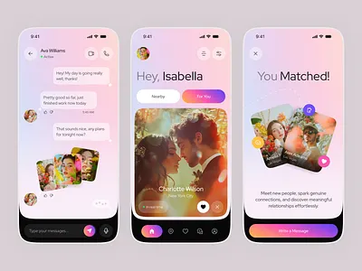 Online Dating & Matchmaking Mobile App Design app app ui chat ui dating app match app matchmaking app mobile mobile app mobile ui social app social media app swipe app tinder ui design