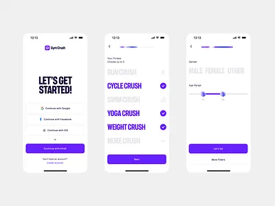 Onboarding for GymCrush app design clean design minimal mobile app modern onboarding sports app ui ux