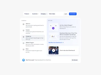 Mega menu for SeamlessAI clean design mega menu menu design minimal modern ui ux website