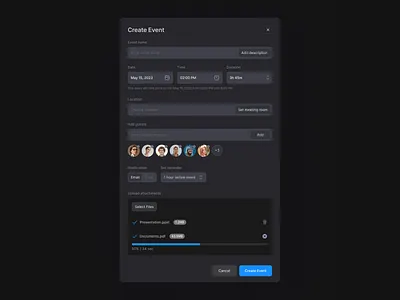 Create Event | Dark mode analytics clear components create event dark dark mode dark theme date format date picker dropdown event form include time minimal notion product design progress bar remind reminders sergushkin timezone