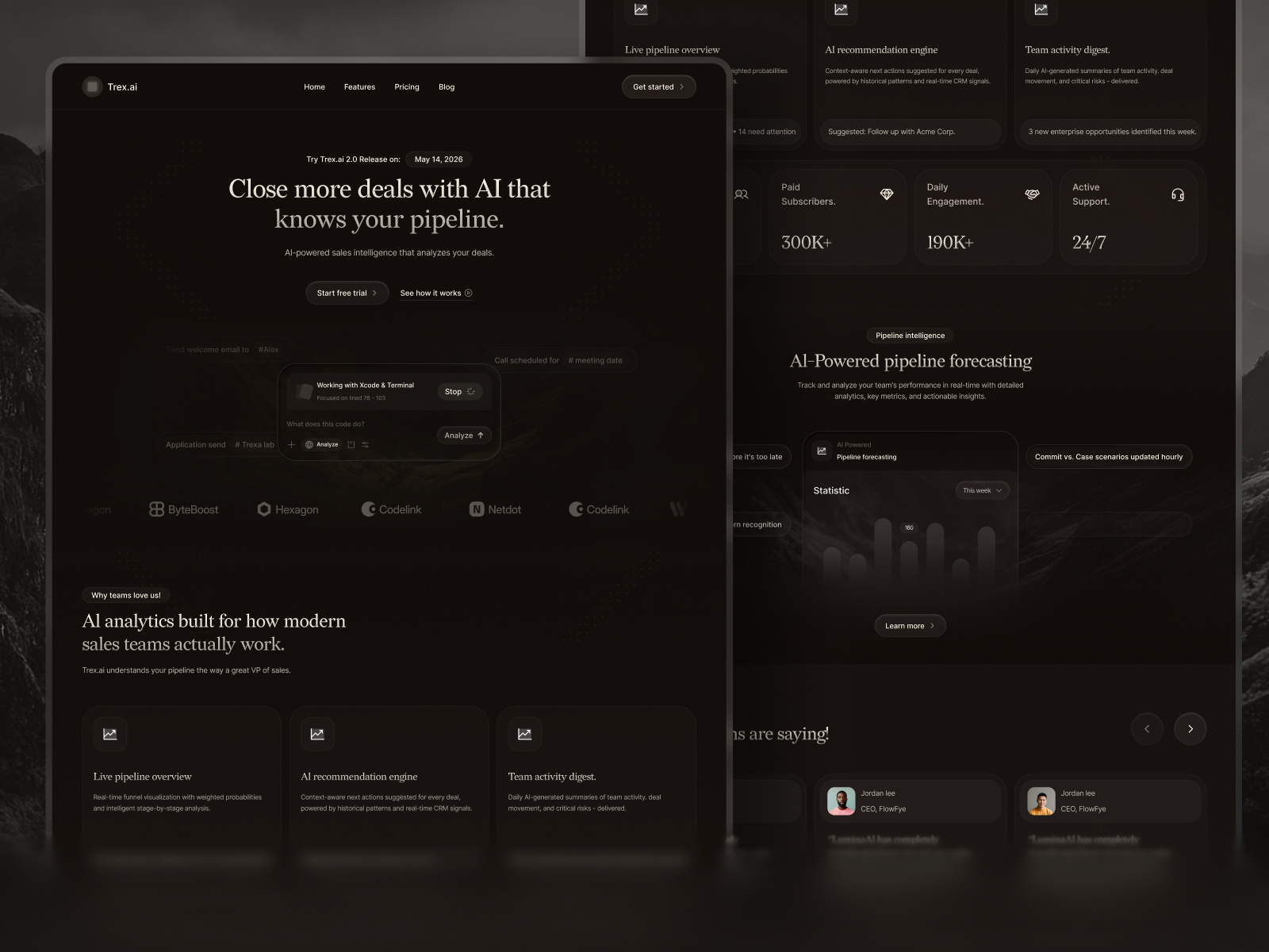 Trex.ai – AI Sales Intelligence Website Design ai product landing page ai saas website analytics platform b2b saas website crm analytics dark theme dark theme saas dark theme website dark website data visualization landing page modern tech website product landing page saas design saas landing page saas website sales dashboard startup saas tech website workflow saas