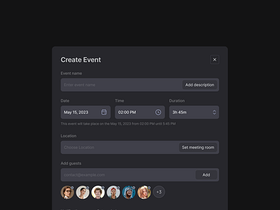 Create Event | Dark mode analytics clear components create event dark mode date format date picker description dropdown event form include time interface notion remind reminders sergushkin settings timezone user name