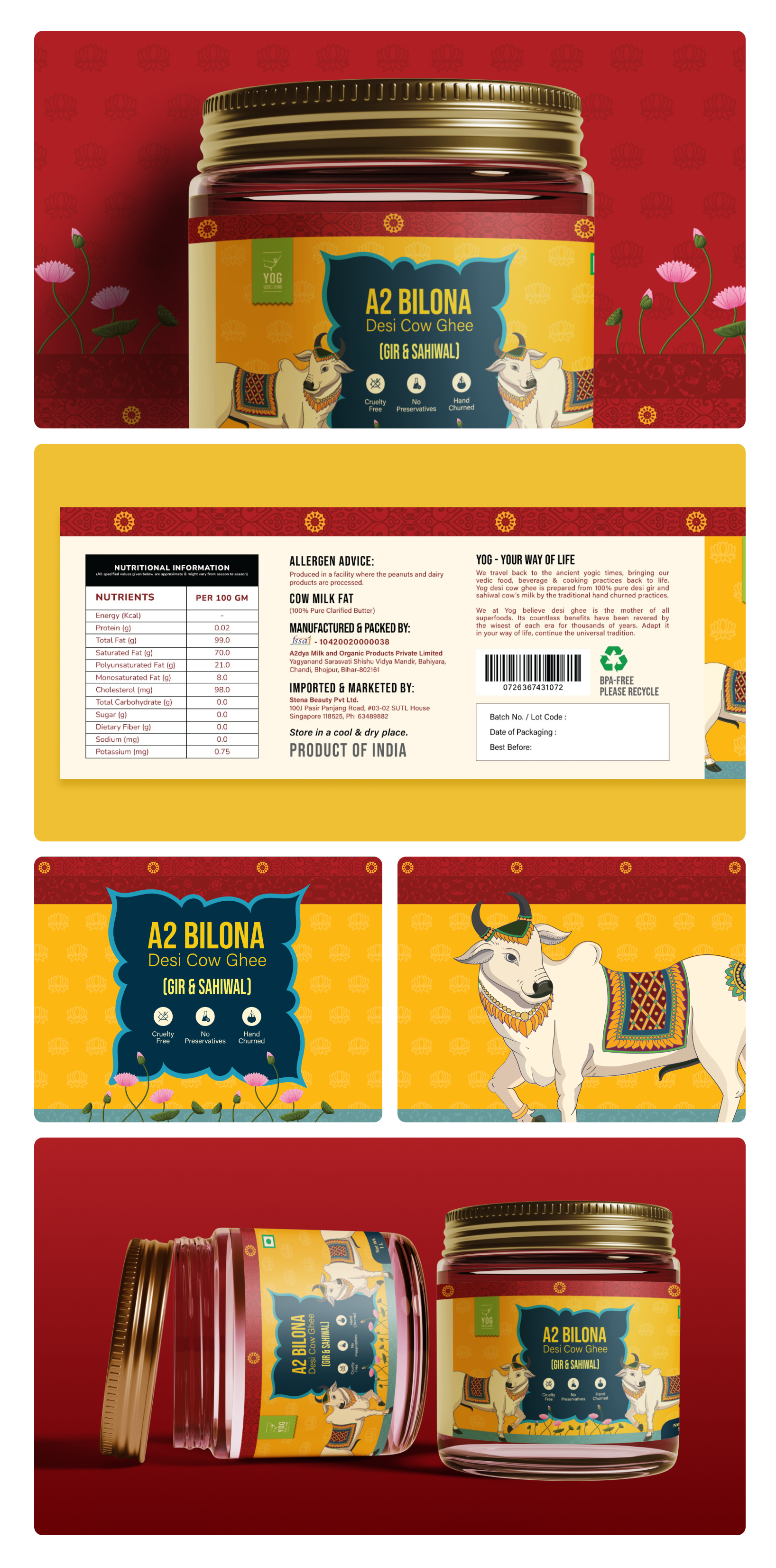A2 Bilona Desi Cow Ghee (Yog Vedic Living) branding product packaging