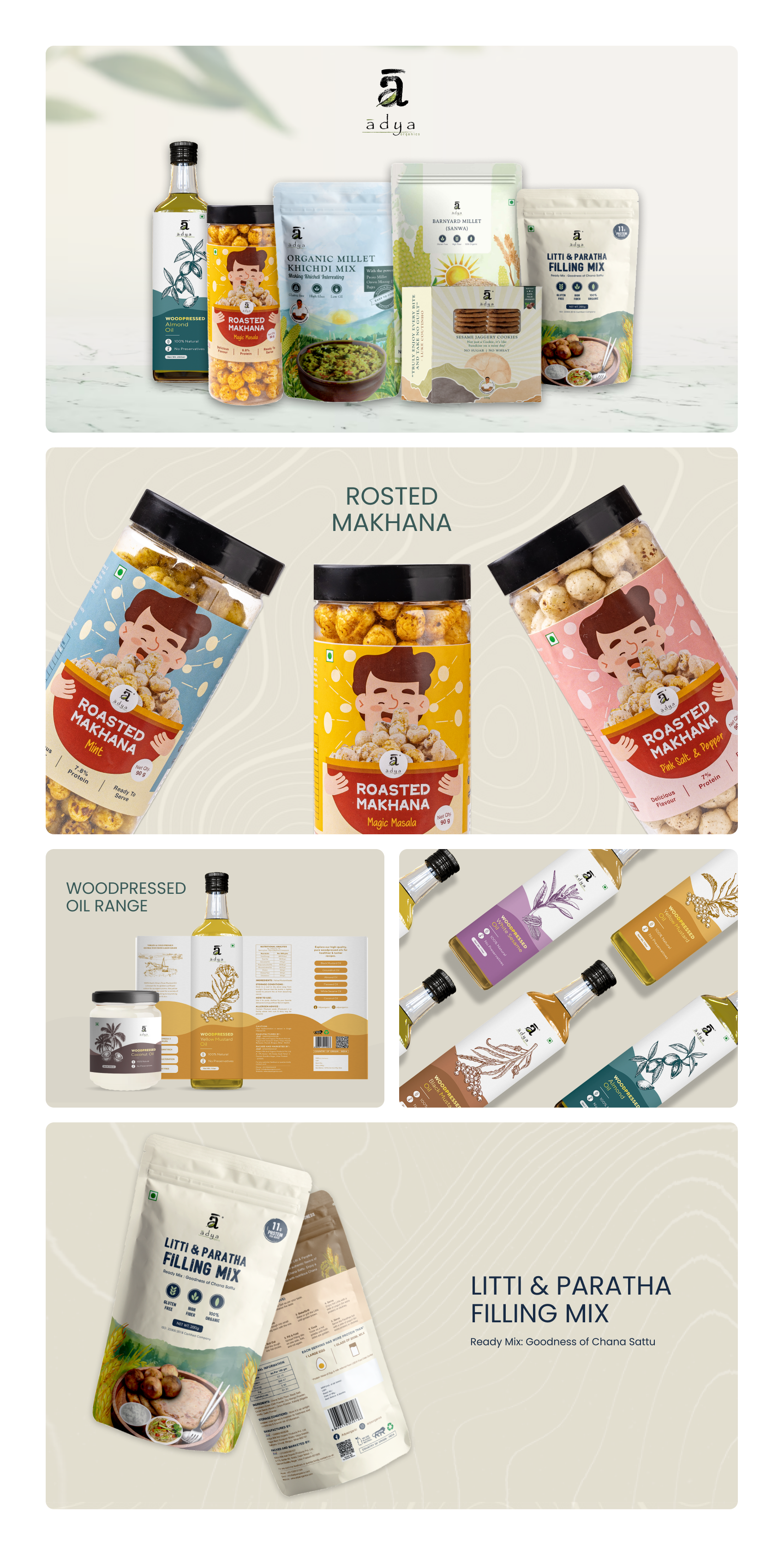 Adya Organics (Range of Products) branding product packaging