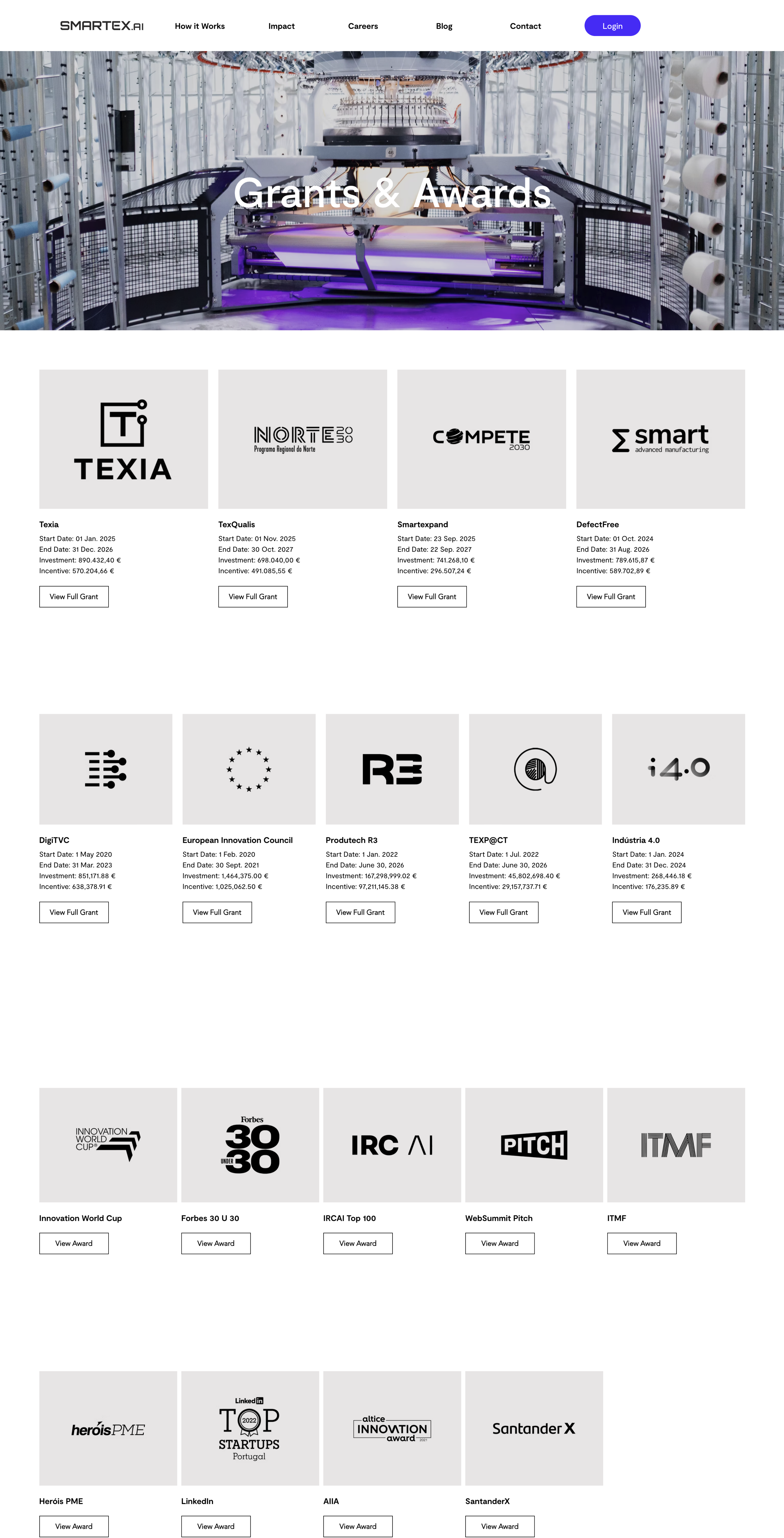 Smartex.ai Website Grants & Awards Updates ai artificial intelligence awards compliance eu european union grants illustration logos portugal pt purple regulations sprocket.ai textile ui vector web website wix