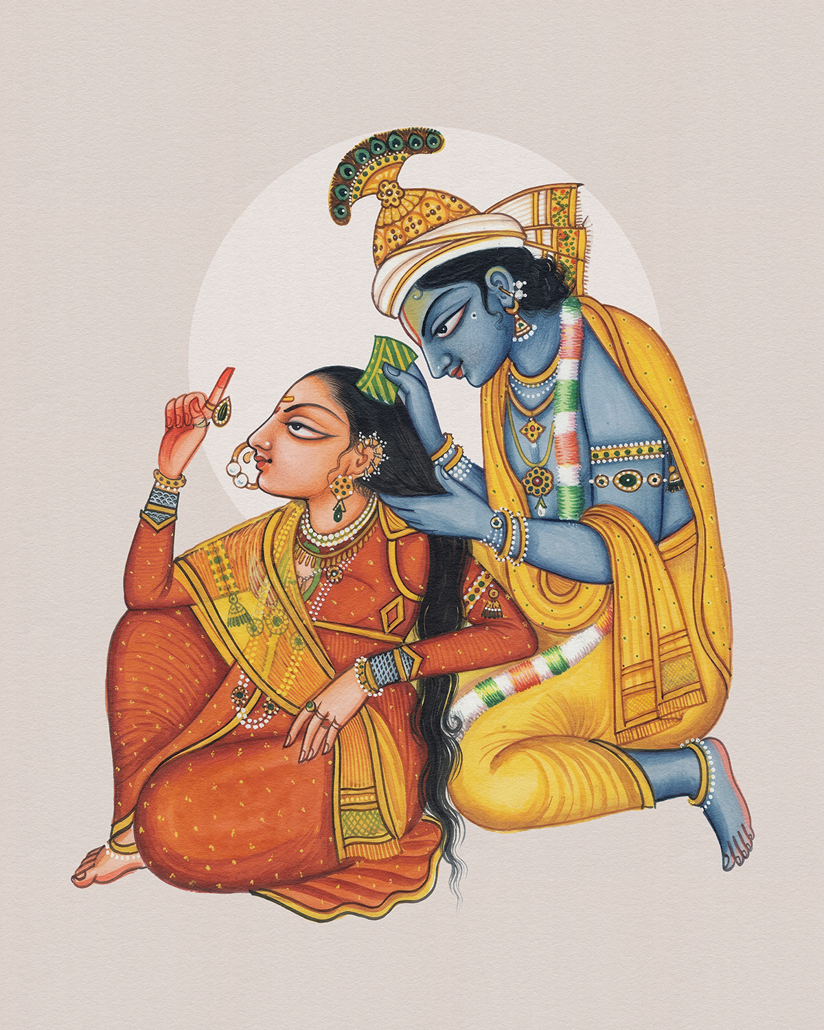 Radha Shringar: Krishna Combing Radha’s Hair cultural artwork devotional art indian culture indian mythology krishna art miniature style mythological art radha krishna spiritual illustration traditional art