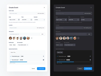 Create Event Form (Dark & Light) application calendar picker clean ui color create event creator dark dark light ui layout dark mode date picker interface meeting popover product designer productdesign schedule sergushkin ui system