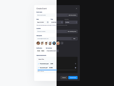 Create Event Modal (Dark & Light) appdesign appdesigner create event crm dark dark mode date picker design system designthinking dropdown notion product design productdesigner saas sergushkin ui ui kit userinterface uxdesigning xdesign