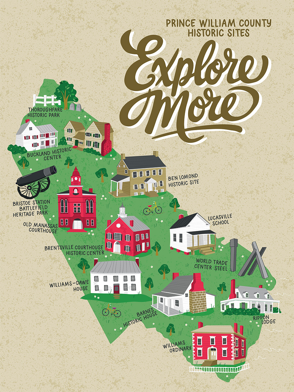 Prince William County Historic Sites Illustrated Map digital illustration editorial illustration illustrated map illustration map map design map maker parks and recreation vector