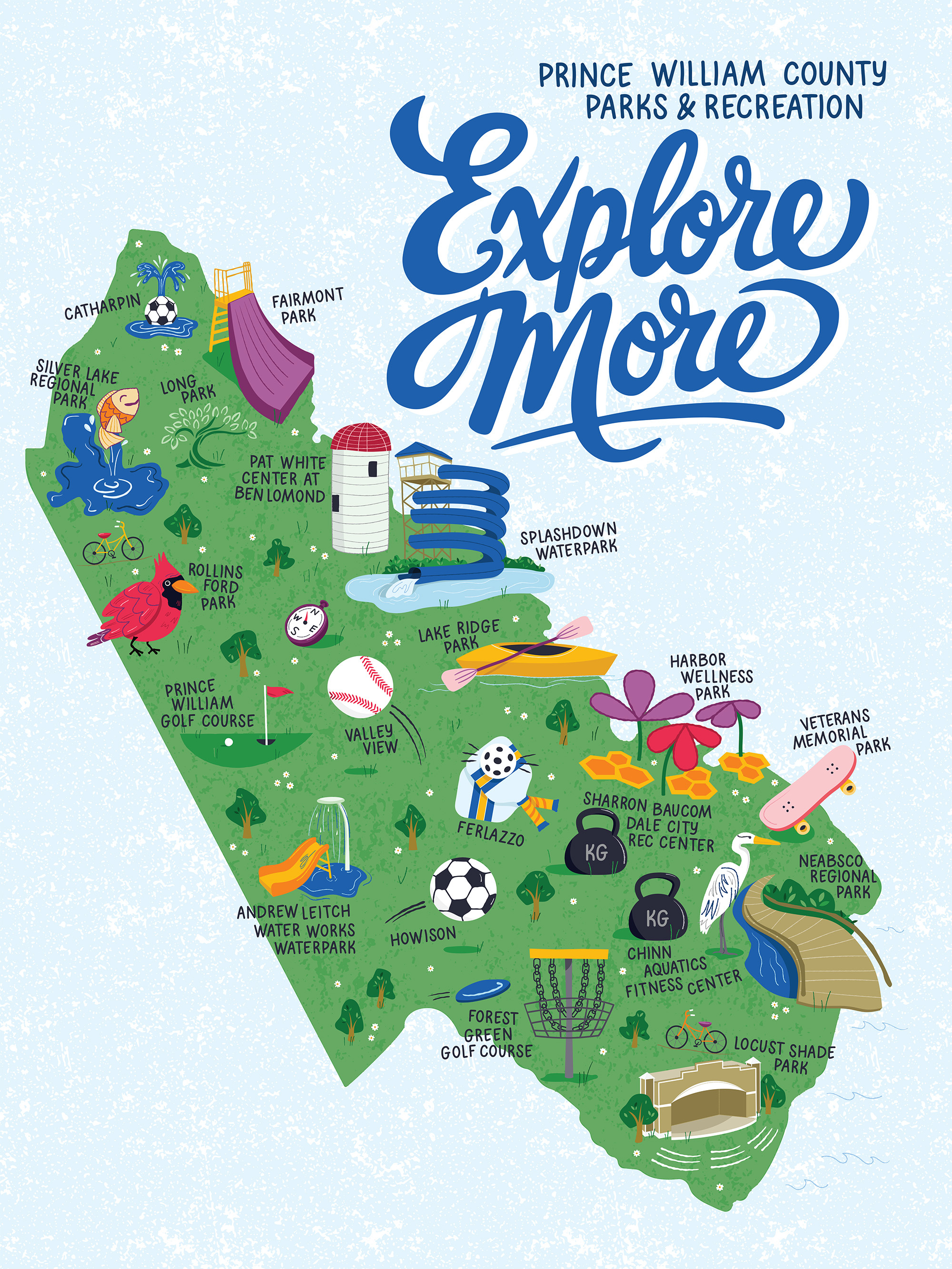 Prince William County Parks and Recreation Illustrated Map digital illustration editorial illustration illustrated map illustration map map design map maker parks and recreation vector