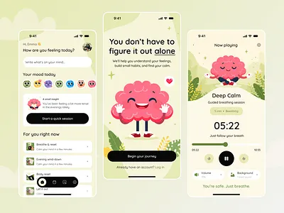 Mental Health App — Mood & Calm UI app design clean design cute ui figma health app illustration illustration ui meditation app mental health mindfulness mobile app mobile ui mood tracker self care ui uiux ux wellness app