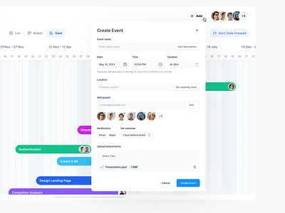 Event Dashboard board create event create task dashboard date event event form figma form gant list meeting modal multi select planning project schedule sergushkin ui ux