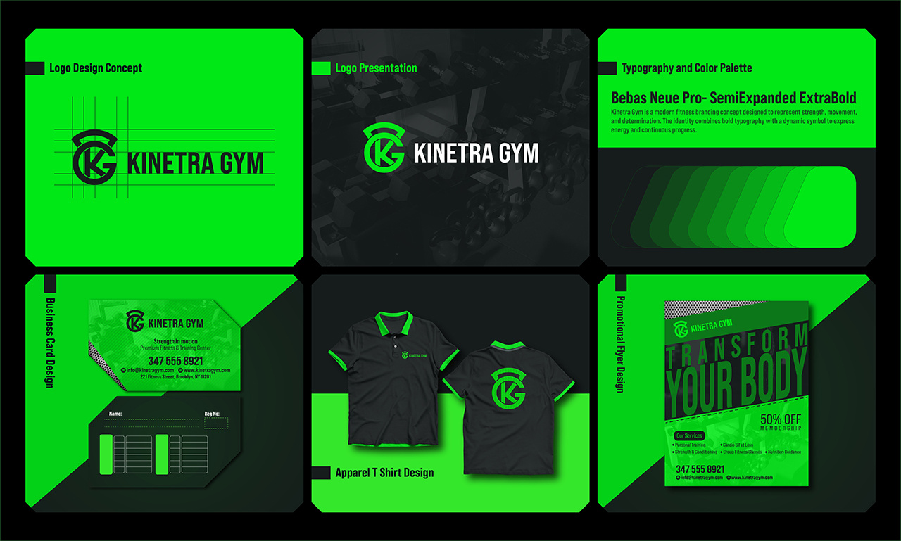 Kinetra Gym Branding Identity Design apparel black bold branding dynamic energy fitness green gym identity logo minimal modern motion neon sport strength training tshirt workout