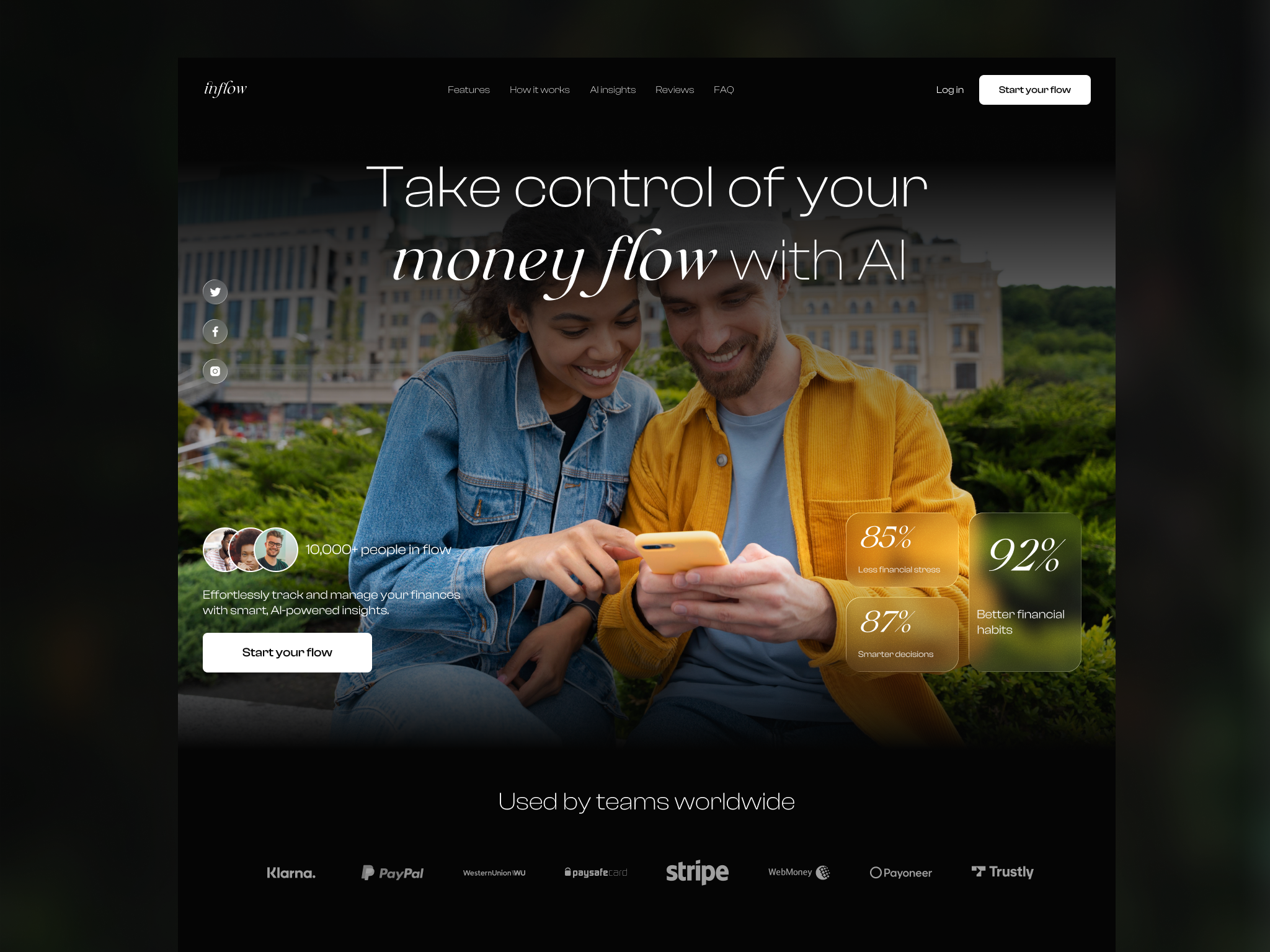 Inflow — Fintech Landing Page & Product Experience ai ai design dark ui finance finance dashboard fintech glassmorphism hero section landing page modern ui money app neobank product design startup ui uiux ux web design website ui