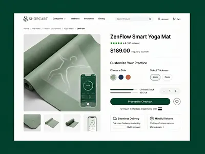 ZenFlow - Smart Yoga Mat Product Page clean layout conversion design digital product ecommerce design fitness tech green design health and fitness landing page minimalist ui modern web product detail page product page shopify ui user interface web design web ui wellness ui yoga mat