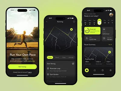 Fitness Tracking App — Running & Activity UI activity tracking dark ui figma fitness fitness app health health app ios app mobile app product design running tracking ui uiux ux
