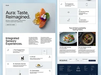 Aura - Immersive Fine Dining Landing Page booking system branding clean layout culinary experiential design fine dining food photography gastronomy high end landing page luxury ui minimalist ui modern web restaurant website uiux user interface web design web ui