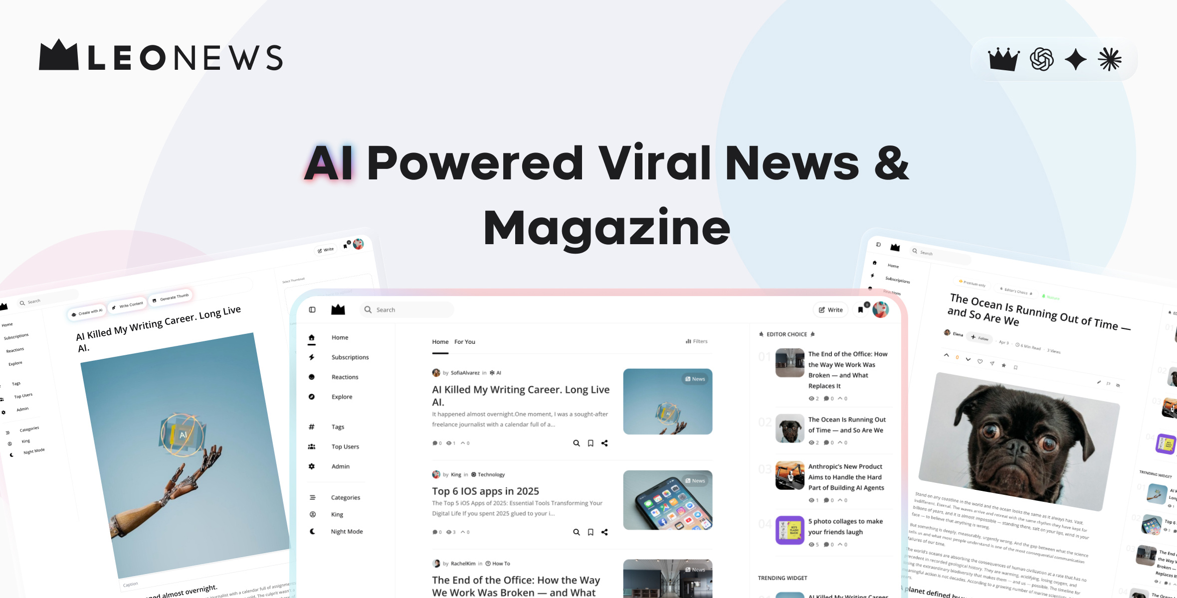 LeoNews — AI Powered Viral News & Magazine Platform UI ai app blog clean content creator dashboard magazine media minimal modern news platform publishing saas startup ui ux viral webdesign