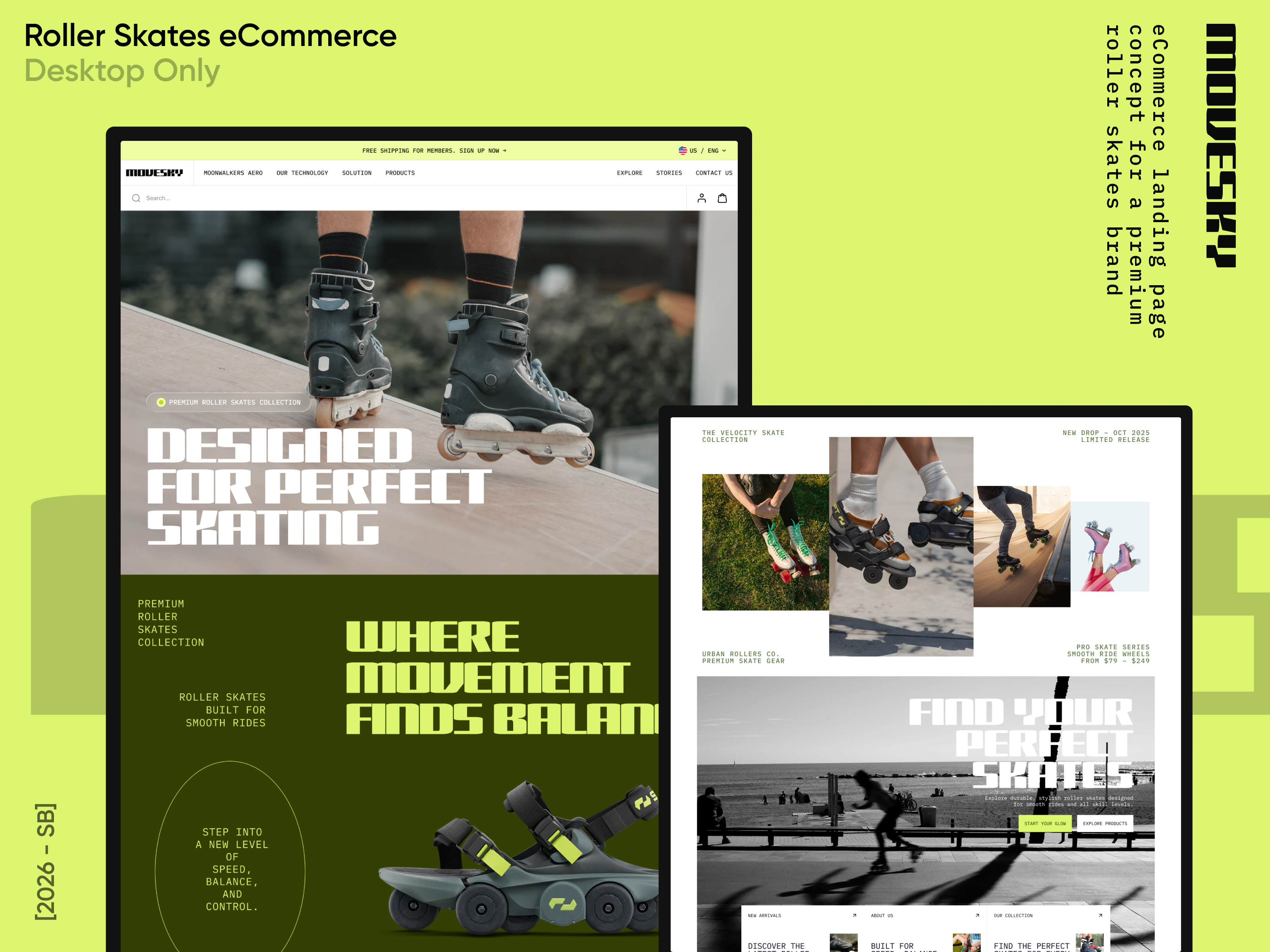 Movesky — Roller Skates Landing Page Concept branding classic ecommerce fashion framer landing online outdoor page roller shoes shop skates sport store ui webflow website wordpress