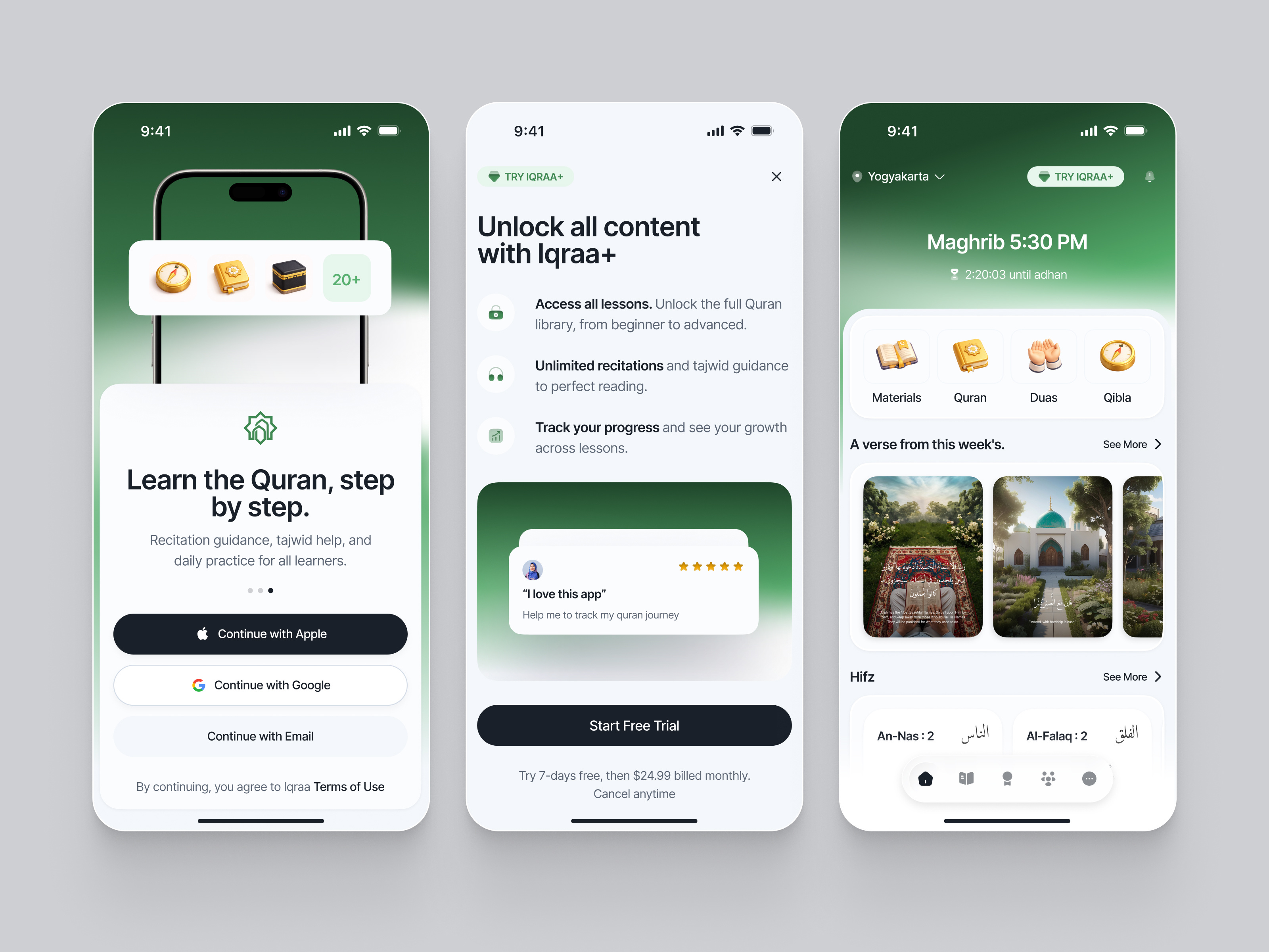 Iqraa - Quran Learning Mobile App app design clean ui dribbble shot educational app ios app islamic mobile app learning app mobile mobile ui modern interface muslim onboarding flow prayer time app premium mobile app progress tracking quran app religious app spiritual app subscription design ux design