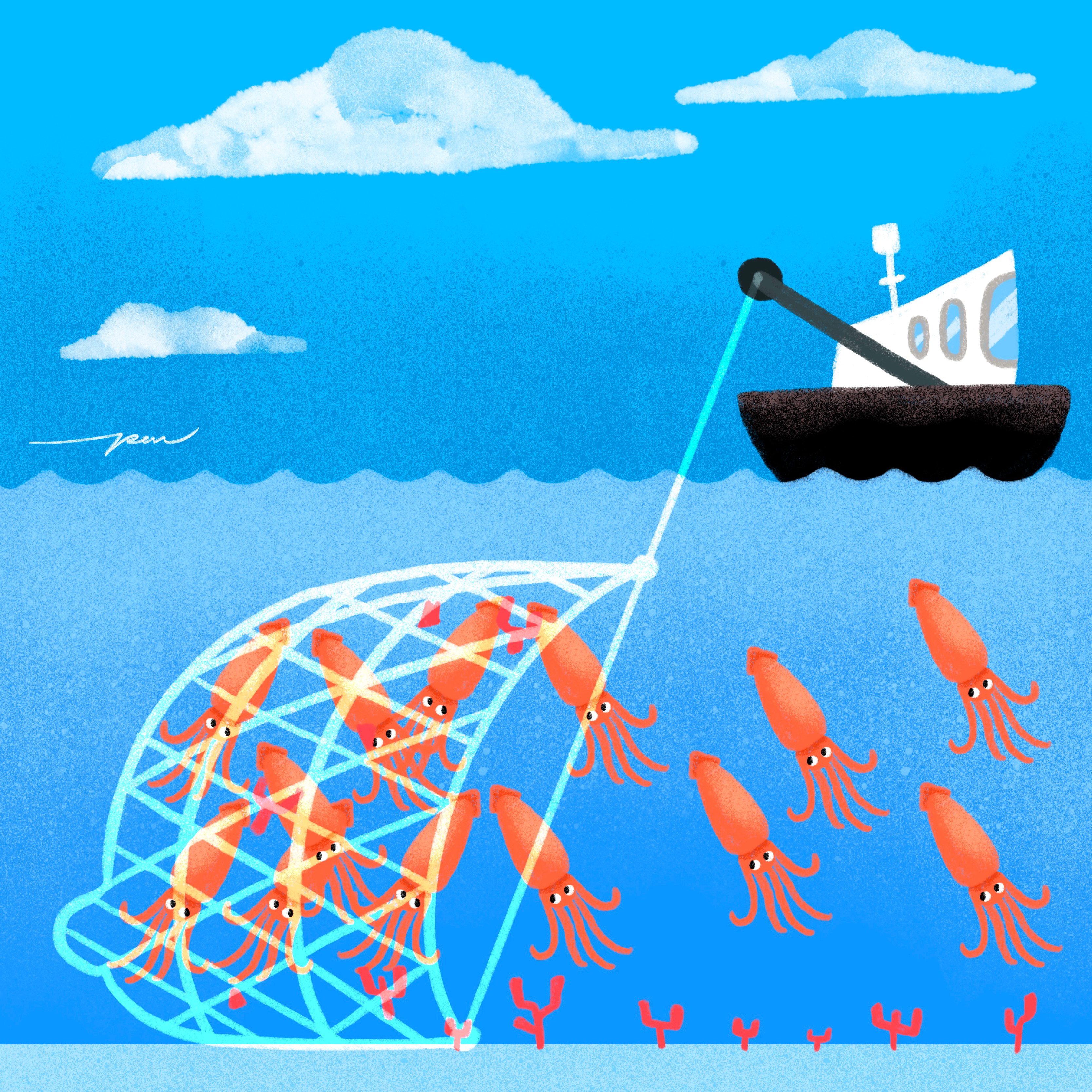 Fishing / Azul x Pon Cervantes boat cartoon color coral cute design fish fishing illustration net ocean octopus reef sea squid