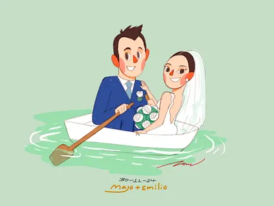 Love Boat boat bride cartoon character color cute design fiance groom illustration lake wedding