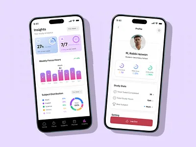 Student Productivity App UI – Insights, Analytics & Profile Dash analytics mobile ui clean mobile ui dashboard design education app ui figma mobile design focus tracking app habit tracker ui insights dashboard ui ios app ui minimal ui design mobile dashboard ui pastel ui productivity app ui profile screen ui student productivity app study analytics study planner app study tracker task management app user profile mobile