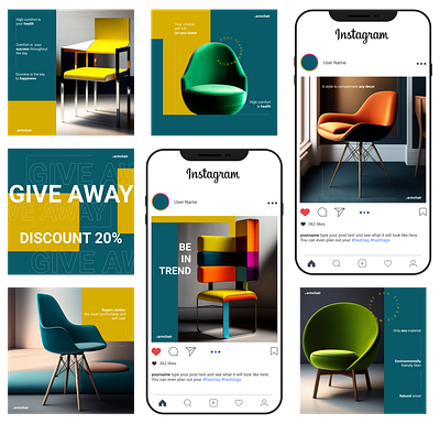 Social Media Posts ads advertising armchairs branding design facebook furniture instagram onlinestore post socialmedia store trend ui