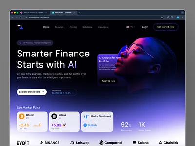AI Crypto FinTech Analytics Website ai analytics crypto design finance fintech investment landing page product web