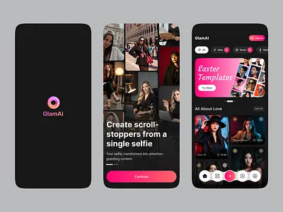 Glam Al: Video & Photo Editor App UI ai photo app ai powered photo editor app ai video enhancer app app artificial intelligence design editing apps image editor ios mobile mobile app mobile social app photo editing photo editor app photography app photos product design social media social netvork web