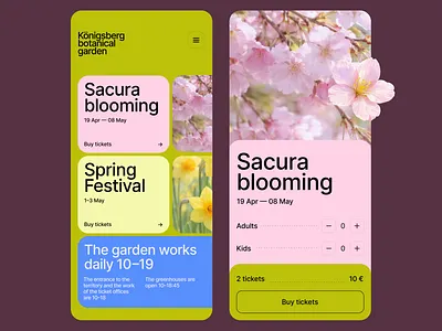 Vibrant Event Booking UI — Garden, Tickets & Spring Festival app design booking app botanical garden colorful ui ecommerce ui event app event ui festival app figma minimal ui mobile app design mobile ui modern ui nature ui product design spring festival ticket booking ui design ux design vibrant ui