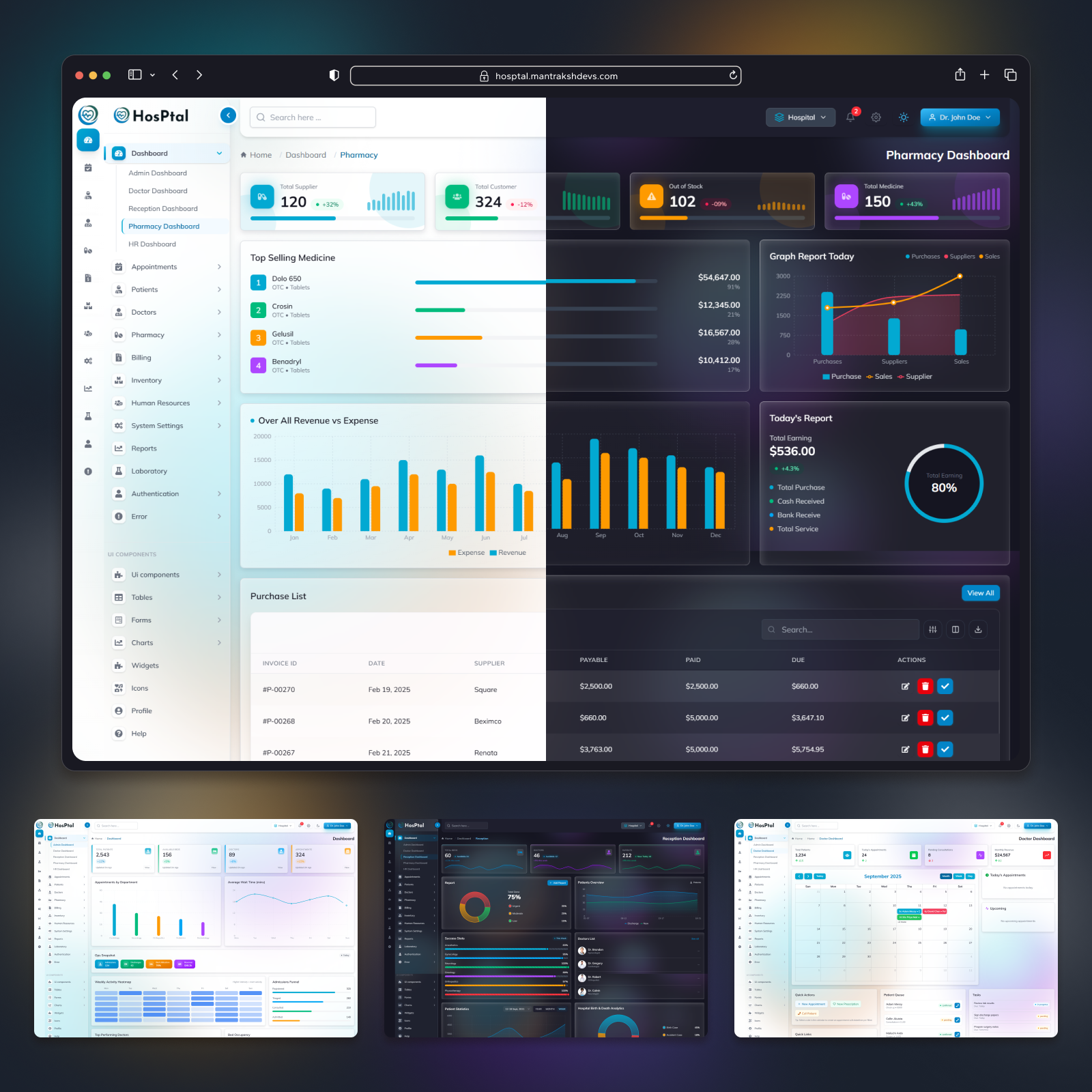 HosPtal - Premium Hospital Admin Dashboard admin dashboard admin panel branding dark mode dark template dashboard design healthcare hospital management medical ui premium template react 19 saas ui tailwind css typography user interface ux ux design web app web design