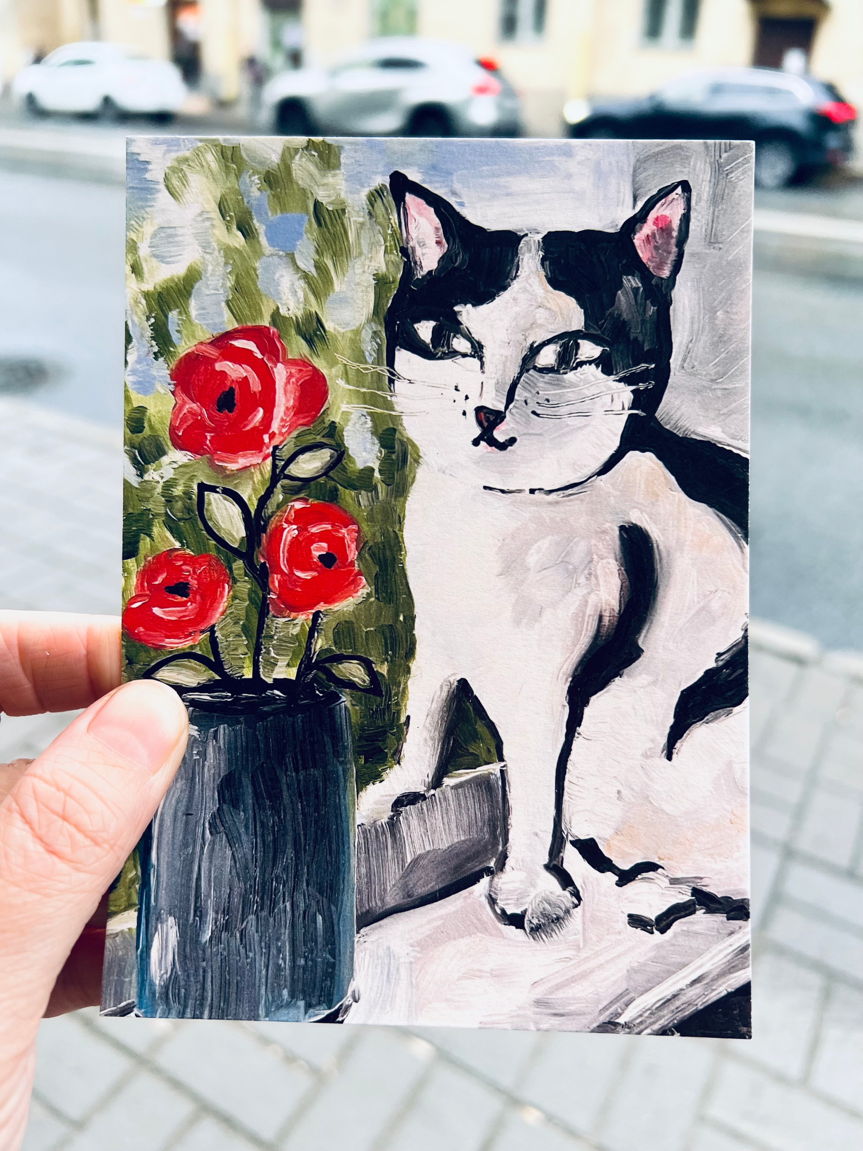 Oil painting print with cat art artist card cartoon cat cute eka panova flowers illustration kitten kitty oil painting paint pet picture print