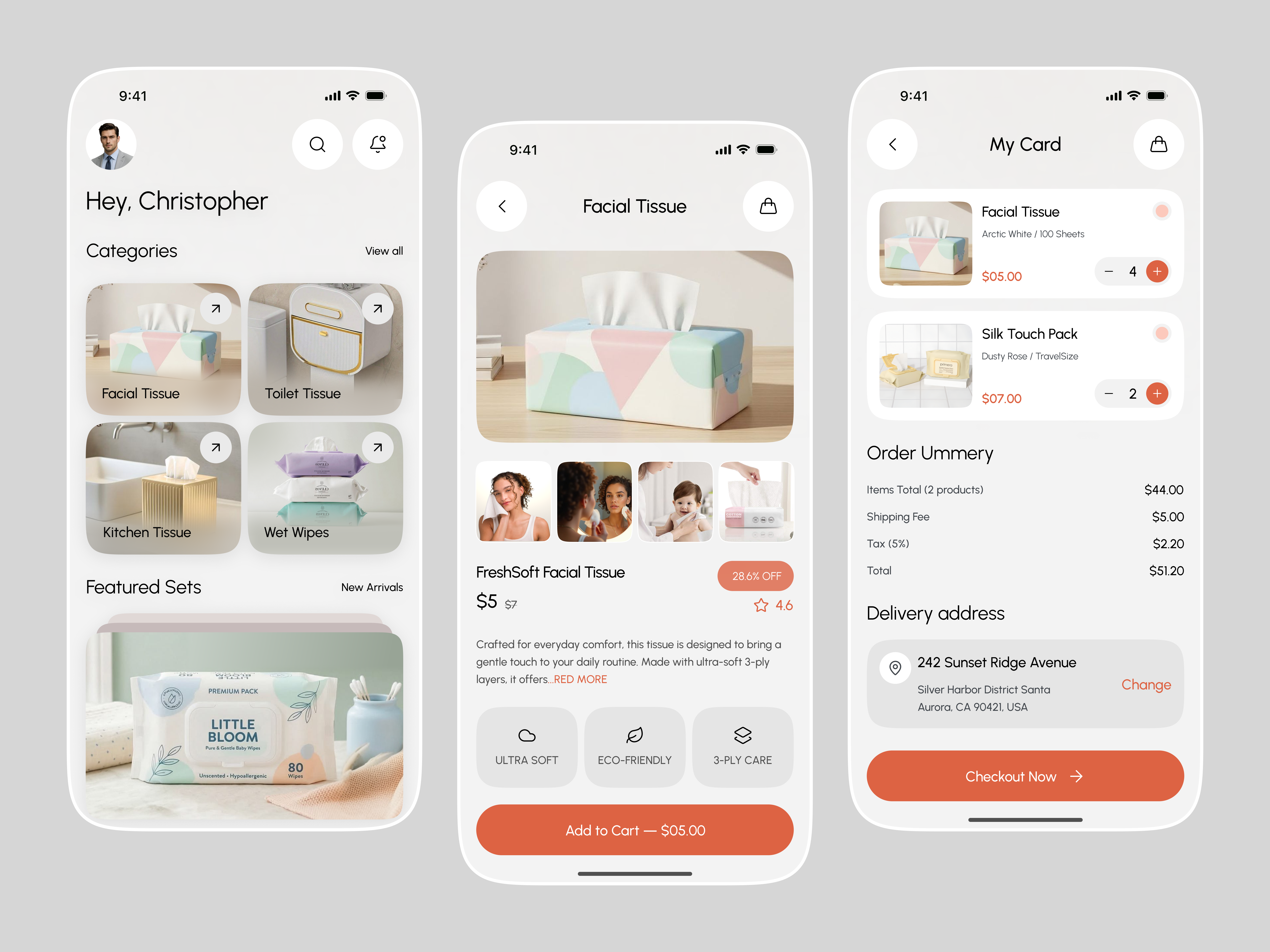 Tissue Shopping App UI app design e commerce mobile app mobile design online sopping app online tissue shopping product detail product page shopping app ui tissue tissue app tissue ecommerce tissue shopping ui ux design