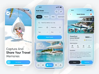 Hotel Booking Mobile App – UI/UX Design app design booking app figma design gradient ui hotel app hotel booking ios app design mobile app design mobile ui modern ui travel app travel booking travel ui ui design ui ux design ux design