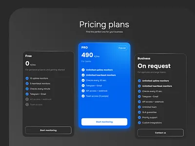 SaaS Pricing Plans UI – Dark Mode Dashboard Cards app ui card design clean ui dark mode ui dashboard design gradient ui interface design landing page minimal ui modern ui pricing table pricing ui product design saas dashboard startup ui subscription ui ui ui design web app design web design
