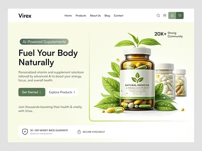 Health Supplement Website Hero Section clean design fitness health shop landing page medical website minimal ui mobile app nutrition nutrition store product design supplement store supplement website vitamin website web website wellness store
