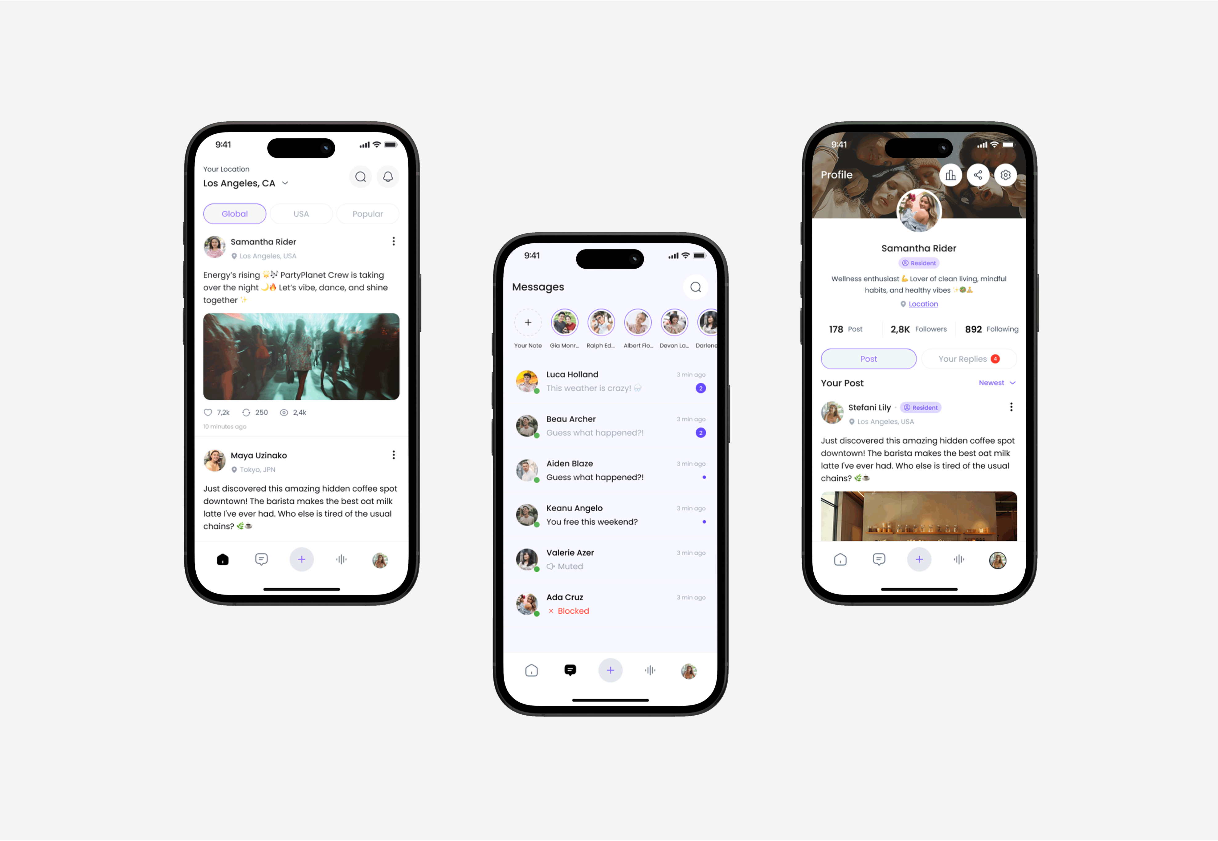 Naura - Social Media App Design appdesign appui branding cleanui lightmode messagingapp minimaldesign mobileapp mobileui modernui productdesign socialapp socialmedia socialnetwork ui uidesign uiux userinterface ux uxdesign