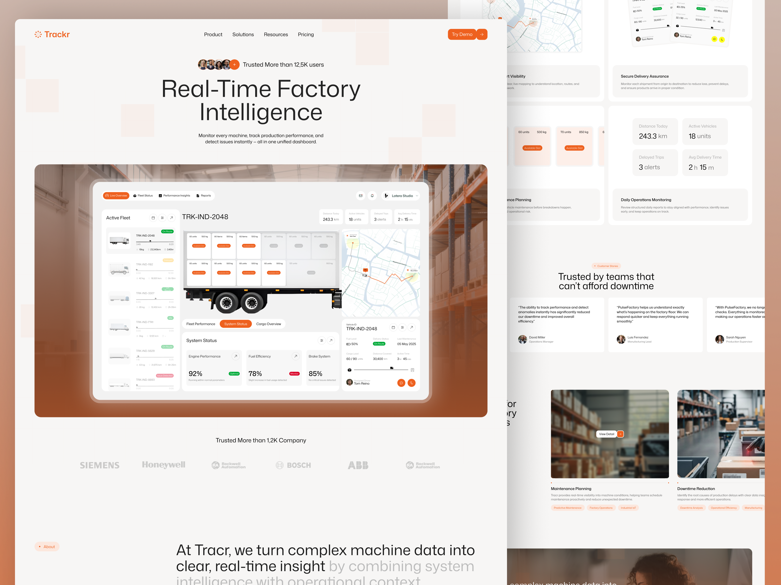 Trackr – Fleet Management Landing Page Website UI/UX Design awd clean dashboard dashboard landing page elegant factory website fleet website landing page design logistic landing page logistic website marketing page minimalist modern modern design motion graphics product design saas landing page sales page startup landing page web design
