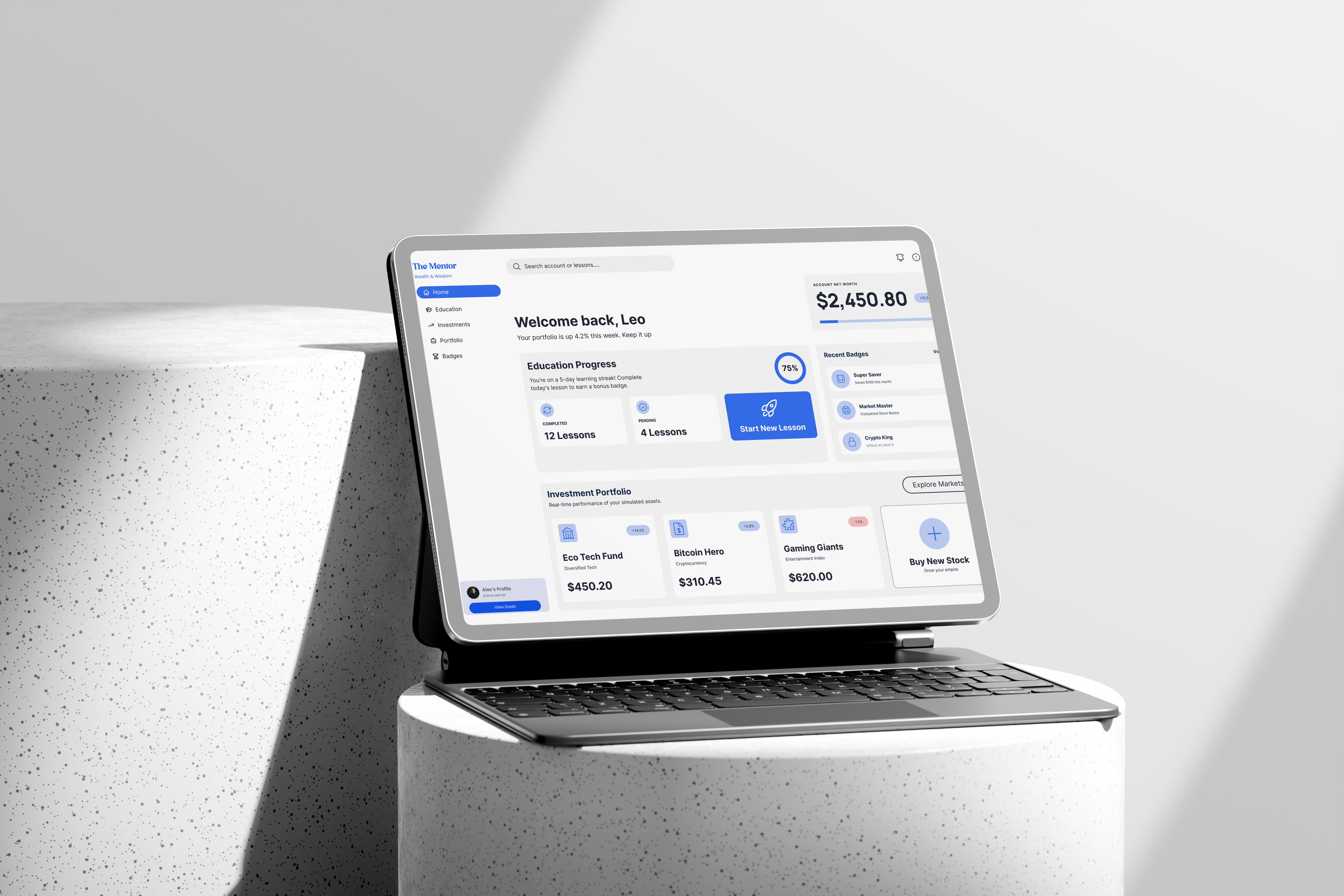 The Mentor — Kids & Family Finance App Dashboard UI/UX Design animation branding dashboard ui design family app finance app financial literacy fintech graphic design investment kids app portfolio tracker product design saas design ui ui design uiux ux ux design web app